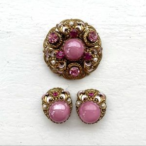 Vintage West Germany Pink Earrings Brooch Set